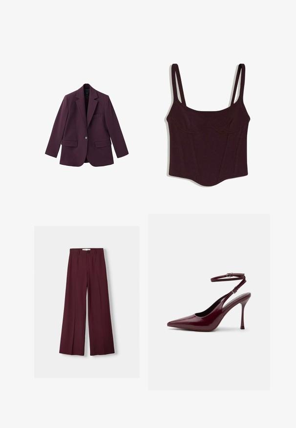 Violet blazer gemaakt van soepele stof, met een geknipt revers, enkele knoopsluiting en twee voorzakken. Gestructureerde pasvorm.; Donkerpaarse mouwloze cropped top met dunne schouderbandjes en subtiele stikdetails aan de voorkant.; Bordeaux wijde broek gemaakt van zachte stof, met een frontsluiting met knoop en schone plooien voor een nette uitstraling.; Glanzende bordeauxrode hoge hak met puntige neus, enkelriem en gesp, slanke stilettohak, zijaanzicht op een effen achtergrond.