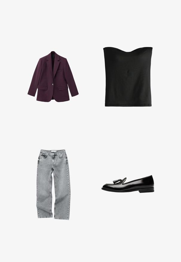 Violet blazer gemaakt van soepele stof, met een geknipt revers, enkele knoopsluiting en twee voorzakken. Gestructureerde pasvorm.; Zwart strapless topje, gemaakt van gladde stof met een aansluitend ontwerp. De halslijn is recht en de zoom is keurig gestikt zonder patronen.; Lichtgrijze jeans met een hoge taille en rechte pijpen, uitgevoerd met vijf zakken, een knoopsluiting en subtiele vervaagde details.; Zwarte leren instappers met een glanzende afwerking, voorzien van een kwastje, ronde neus en een lage hak voor een slanke uitstraling.