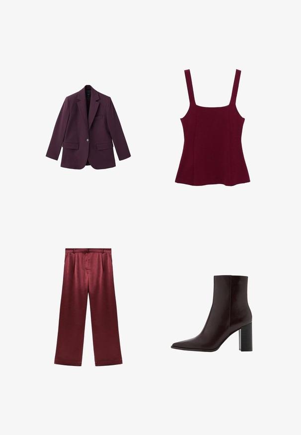 Violet blazer lavet af glat stof, med spids revers, enkelt knaplukning og to frontlommer. Struktureret pasform.; Bordeaux cami lavet af tekstureret stof, med firkantet halsudskæring og tynde stropper, samt en udvidet talje design.; Bordeaux brede benbukser lavet af satin med en glat tekstur, der har høj talje og to sidelommer som funktionelt detaljer.; Brun læderankelstøvle med spids snude, glat tekstur og en kraftig sort høj hæl. Har minimal syning og et slankt design.