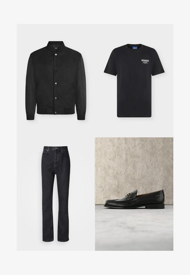 Blouson bomber noir avec col, poignets et ourlet côtelés, boutons-pression et manches texturées.; T-shirt noir à manches courtes et col rond avec petit logo blanc "HUGO" et texte sur la partie supérieure gauche de la poitrine.; Jean en denim noir taille haute avec fermeture à bouton et à glissière, poches avant et arrière, et coupe droite.; Mocassin en cuir noir avec mors en métal doré et logo "HUGO", présenté sur un tapis beige et un meuble translucide marron.