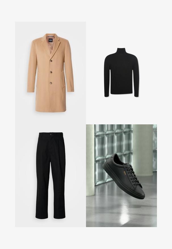 Camel wollen blend jas met een notch-lapel, een enkele sluiting, drie bruine knopen, twee zijzakken en een soepele textuur.; Zwarte coltrui met lange mouwen, een slanke pasvorm en een subtiel logo op de linkerborst, weergegeven op een witte achtergrond.; Zwarte rechte broek met een knoopsluiting, lusjes voor een riem en een voornaad, gepresenteerd tegen een effen witte achtergrond.; Zwarte lage leren sneaker met zwarte veters en gouden BOSS-logo aan de zijkant, zwevend boven glanzende grijze vloer in een moderne binnenruimte.