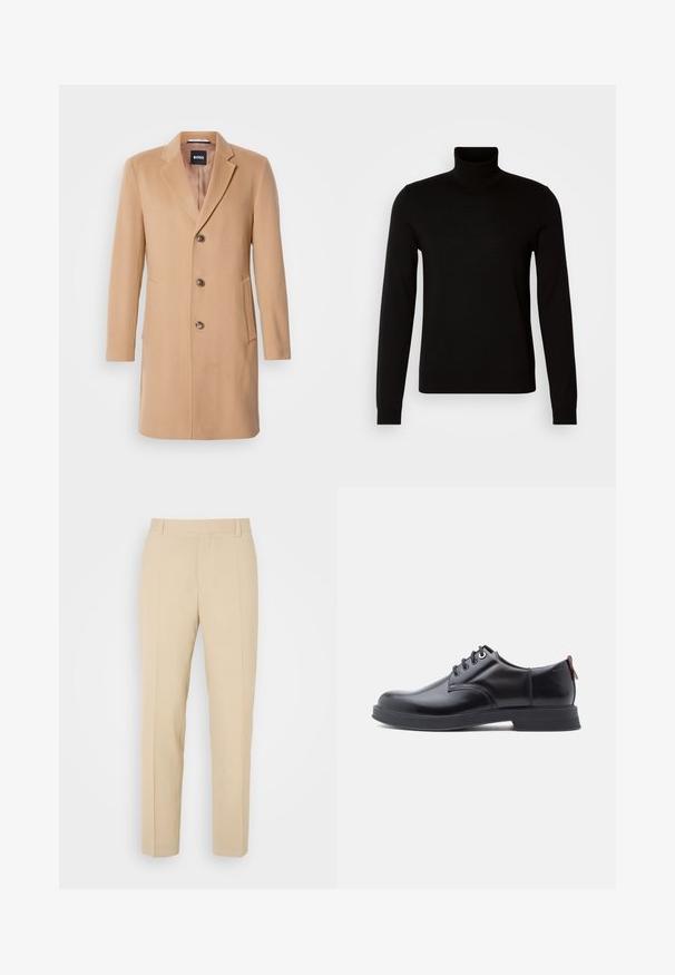 Camel wollen blend jas met een notch-lapel, een enkele sluiting, drie bruine knopen, twee zijzakken en een soepele textuur.; Zwarte coltrui van fijn gebreide stof, met lange mouwen en een getailleerde pasvorm. Gladde textuur met geribbelde manchetten.; Beige op maat gemaakte broek met een recht gesneden ontwerp, gemaakt van lichtgewicht stof, met twee voorzakken en nette, geplooide vouwen.; Zwarte leren veter schoenen met een gladde textuur, ronde neus en subtiel stiksel detail. Voorzien van een rode trekband op de hiel.