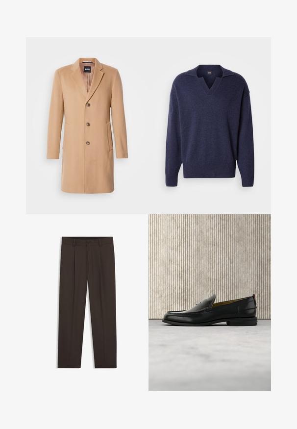 Camel wollen blend jas met een notch-lapel, een enkele sluiting, drie bruine knopen, twee zijzakken en een soepele textuur.; Marineblauwe gebreide trui met een V-hals en kraag, ontspannen pasvorm, met geribde manchetten en zoom. Zachte textuur met minimale details.; Zwarte formele broek met riemlussen, knoopsluiting aan de voorkant en scherpe plooien langs elke pijp, plat gelegd op een witte achtergrond.; Zwarte leren herenslipper met een krokodillen-embossed voorblad en een lage hak, zij-aanzicht op een neutrale achtergrond.