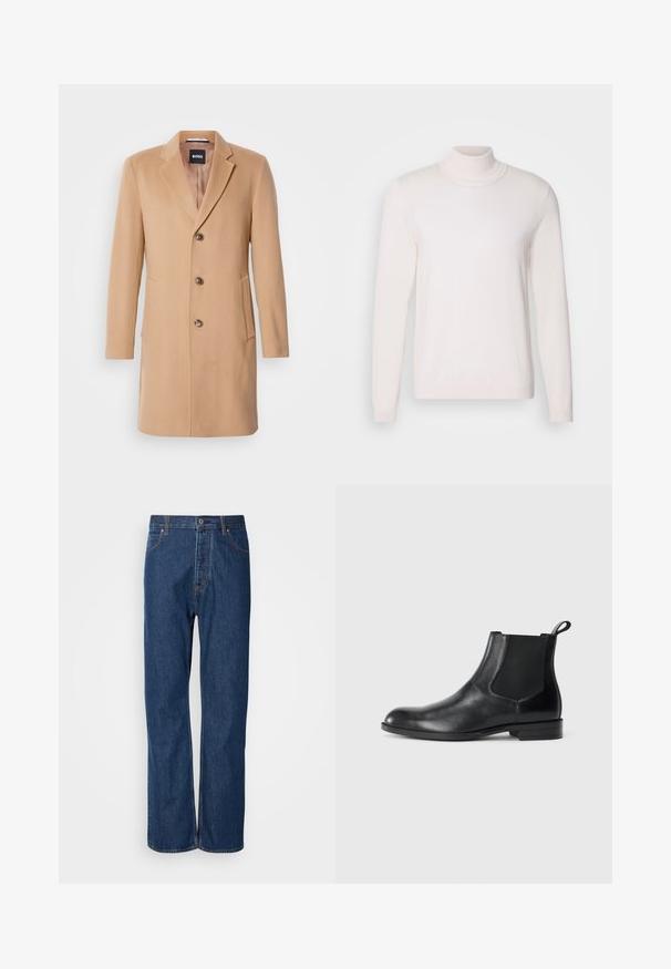 Camel uldblandede frakke med spids krave, enkeltstående knaplukning, tre brune knapper, to sidelommer og glat tekstur.; Lyserød rullekravesweater med lange ærmer, blød tekstur, ribbet krave og manchetter, der har et klassisk, tætsiddende design.; Blå denim jeans med lige ben, der har en knaplukning, fem lommer og kontraststikninger langs sømmene.; Sorte læder ankelstøvler med elastiske sidepaneler, rund tå og en trækloft. Glat tekstur, flad sål, minimalistisk design.