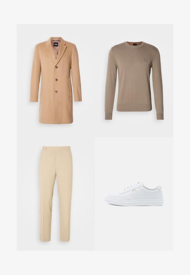 Abrigo de mezcla de lana color camello con solapa muescada, cierre de un solo botón, tres botones marrones, dos bolsillos laterales y textura suave.; Suéter de cuello redondo beige para hombre con mangas largas, puños y dobladillo acanalados, que cuenta con un pequeño parche con un logotipo cuadrado en el pecho.; Pantalones de color beige ajustados con un diseño de pierna recta, elaborados en una tela ligera, que presentan dos bolsillos frontales y pliegues bien planchados.; Zapatillas de cuero blanco con textura suave, puntera redondeada y costuras tonales. Cuentan con cordones azules y un logo dorado en el lateral.