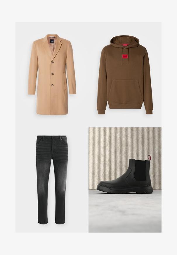 Camel uldblandede frakke med spids krave, enkeltstående knaplukning, tre brune knapper, to sidelommer og glat tekstur.; Brun hoodie med snøre i hætten, en front kangaroo-lomme, og et rødt rektangulært mærke med "HUGO" centreret på brystet.; Sorte skinny-fit jeans med falmede detaljer, fem-lomme-stil og knaplukning i taljen.; Sort ankelstøvle med en glat overflade, elastiske sidepaneler og en kontrasterende rød træksløjfe, der har en tyk gummisål og rund tå.