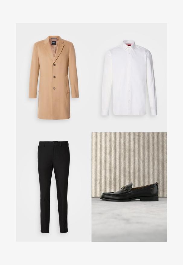 Manteau en mélange de laine couleur chameau avec col cranté, fermeture simple, trois boutons bruns, deux poches latérales et texture lisse.; Chemise blanche à manches longues en coton, avec un col classique, une patte de boutonnage à l'avant et une texture lisse. Détail rouge à l'intérieur du col.; Pantalon noir ajusté, avec une fermeture à bouton, une braguette zippée et deux poches avant. Tissu lisse avec un fini mat.; Mocassin en cuir noir avec mors en métal doré et logo "HUGO", présenté sur un tapis beige et un meuble translucide marron.