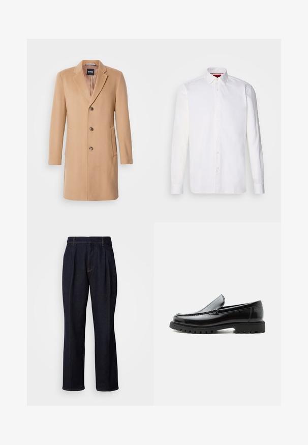 Abrigo de mezcla de lana color camello con solapa muescada, cierre de un solo botón, tres botones marrones, dos bolsillos laterales y textura suave.; Camisa blanca de manga larga hecha de algodón, con un collar clásico, placket frontal con botones y una textura suave. Detalle interior del collar en rojo.; Jeans de mezclilla de pierna ancha en un tono azul oscuro, con pliegues frontales y costuras naranjas, presentados sobre fondo blanco.; Mocasín de cuero negro con suela de goma gruesa, empeine cosido y nombre de la marca en relieve en el talón, mostrado en perfil lateral sobre fondo blanco.