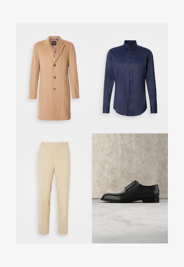 Manteau en mélange de laine couleur chameau avec col cranté, fermeture simple, trois boutons bruns, deux poches latérales et texture lisse.; Chemise habillée pour homme à manches longues bleu marine avec col pointu et fermeture à boutons sur le devant, présentée sur fond blanc uni.; Pantalons beige ajustés avec une coupe droite, fabriqués en tissu léger, dotés de deux poches avant et de plis bien repassés.; Chaussure de ville en cuir noir avec un bout arrondi, texture lisse, coutures minimales et une semelle plate avec un branding discret au niveau du talon.