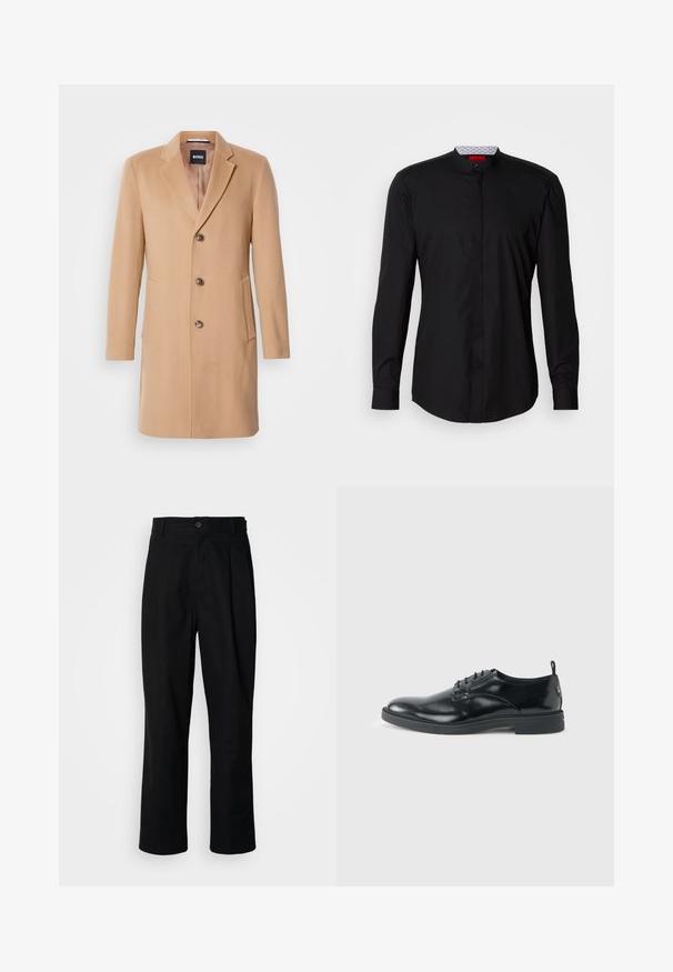 Camel wollen blend jas met een notch-lapel, een enkele sluiting, drie bruine knopen, twee zijzakken en een soepele textuur.; Zwart shirt met lange mouwen en een mandarijnkraag, gemaakt van een gladde stof, met een knoopsluiting aan de voorkant en subtiele designdetails.; Zwarte rechte broek met een knoopsluiting, lusjes voor een riem en een voornaad, gepresenteerd tegen een effen witte achtergrond.; Glanzende zwarte lederen nette schoen met lage hak, vetersluiting en ronde neus, van opzij getoond tegen een effen lichte achtergrond.