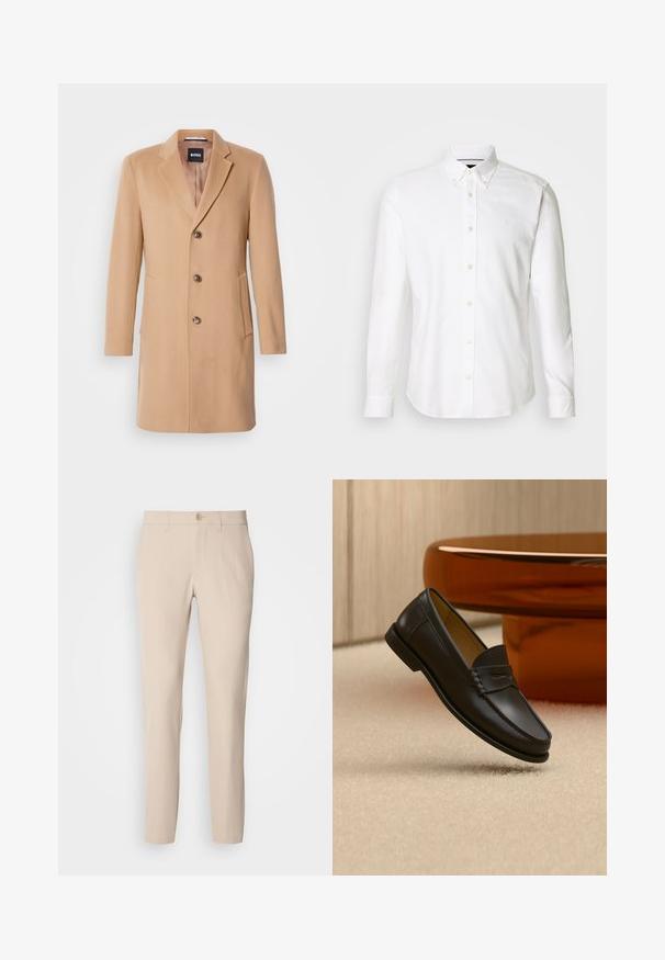 Abrigo de mezcla de lana color camello con solapa muescada, cierre de un solo botón, tres botones marrones, dos bolsillos laterales y textura suave.; Camisa blanca de manga larga con cuello abotonado, confeccionada en tela suave, con un logo sutil en el pecho y cierre de botones.; Pantalones beige hechos de una tela suave, con cierre de botón, corte recto y bolsillos laterales. Textura suave con detalles de costura mínimos.; Zapato mocasín de cuero negro suspendido sobre una alfombra beige con muebles modernos de color ámbar en el fondo.