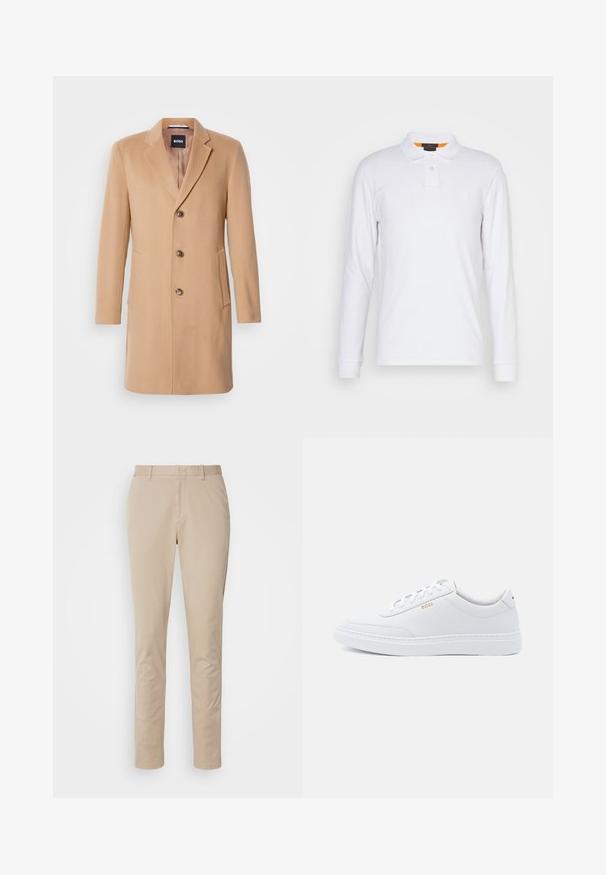 Camel wollen blend jas met een notch-lapel, een enkele sluiting, drie bruine knopen, twee zijzakken en een soepele textuur.; Witte lange mouwen polo shirt van katoen, met een puntige kraag, een knoopsluiting met twee knopen en een klein logo op de borst. Oranje accent aan de binnenkant van de kraag.; Beige katoenen broek met een recht model, voorzien van een ritssluiting, zijzakken en subtiele stikdetails. Soepele textuur.; Witte leren sneakers met een gladde textuur, ronde neus en tonale stiksels. Voorzien van blauwe veters en een gouden logo op de zijkant.