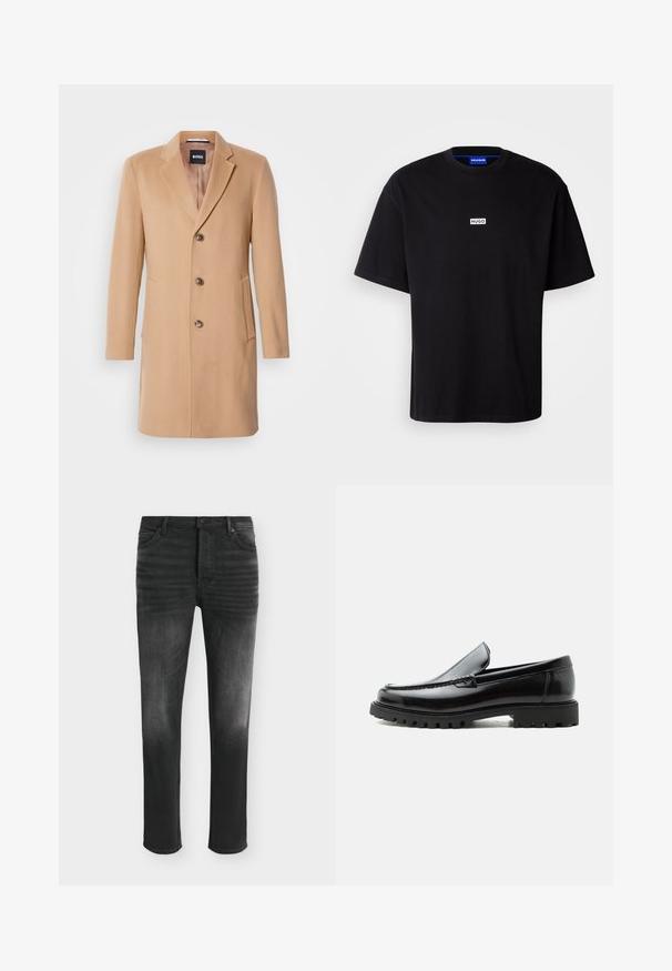 Camel wollen blend jas met een notch-lapel, een enkele sluiting, drie bruine knopen, twee zijzakken en een soepele textuur.; Zwarte katoenen t-shirt met een ronde hals, korte mouwen en een witte rechthoekige "HUGO" logo op de borst. Gladde textuur, relaxte pasvorm.; Zwarte skinny-fit jeans met vervaagde details, vijfzakkenstijl en knoopsluiting in de taille.; Zwarte leren loafer met dikke rubberen zool, gestikte bovenkant en gegraveerde merknaam op de hiel, zijaanzicht op witte achtergrond.