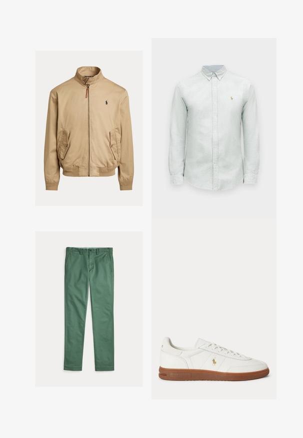 Beige bomberjack gemaakt van gladde stof. Heeft een staande kraag, twee zijzakken, geribde mouwen en een klein logo op de borst.; Lichtgroen gestreept shirt met lange mouwen, button-down kraag en klein geborduurd logo op de borst. Zacht katoenen materiaal met een gestructureerde afwerking.; Groene rechte herenbroek met voorzakken, riemlussen en knoopsluiting, plat uitgespreid op een witte achtergrond.; Witte lage sneaker met bruine zool, veters aan de voorkant en klein gouden Polo Ralph Lauren-logo aan de zijkant.