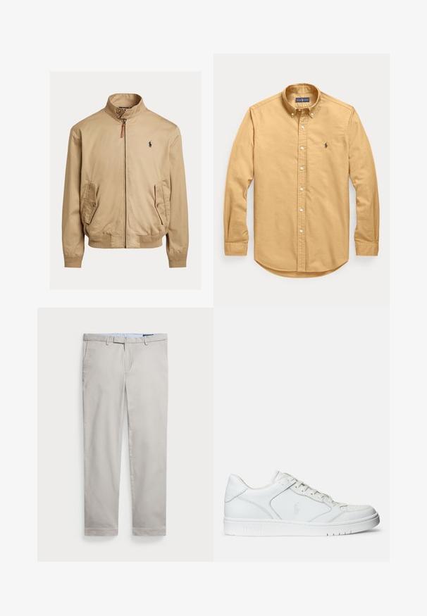 Beige bomberjakke lavet af glat stof. Har en stående krave, to sidelommer, ribstrikkedeærmer og et lille logo på brystet.; Langærmet, knap-forrest sennepsgul skjorte med knappet krave og lille broderet logo på brystets forside.; Lys beige bomuldsbukser med lige ben design, bæltestropper, sidelommer og en flot afslutning i kanten. Glat tekstur, minimal detaljer.; Hvide lædersneakers med en glat tekstur, der har en perforeret tå, snørebåndslukning og broderet logo på siden. Hvid gummisål.