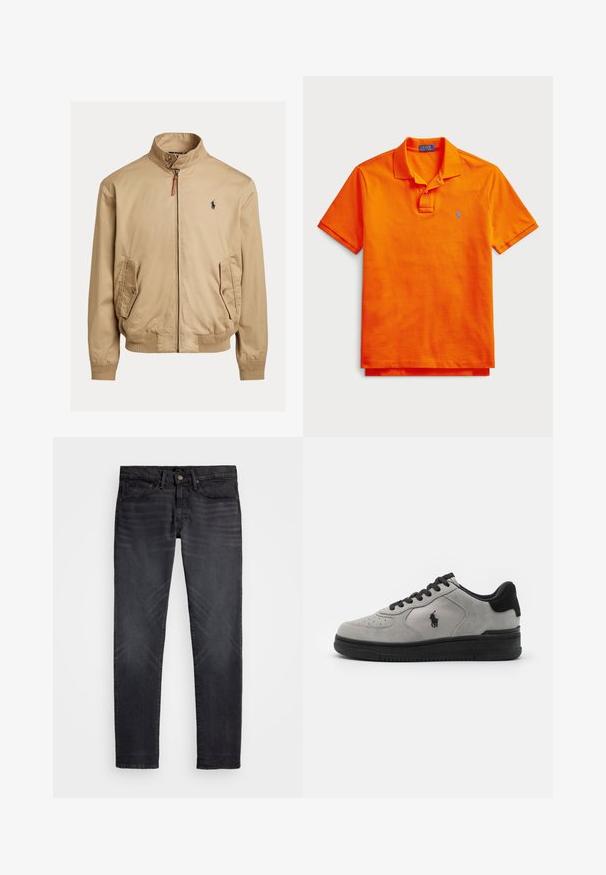 Beež bomber-jakk, mis on valmistatud siledast kangast. Omab püsti kaelust, kahte küljetaskut, soonikkoes mansette ning väikest logo rinnal.; Oranž polo särk, mis on valmistatud puuvillast; sellel on kaelus, kaheastmeline nööpide rida ja väike sinine tikand vasakul rinnal. Lühikesed varrukad.; Polo Ralph Lauren SULLIVAN SLIM POLO PONY STRETCH JEAN - Liibuvad teksad - mechanic grey; Halli sisejalatsid mustade aktsentidega, millel on tekstuuriga kangas külgpaneel, ümar nina ja must kummikreen. Logo on tikandina külje peal.