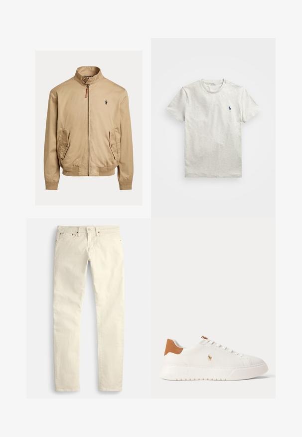 Beige bomber jacket, joka on valmistettu sileästä kankaasta. Ominaisuuksiin kuuluvat seisomakaulus, kaksi sivutaskua, ribbikuvioidut hihansuut ja pieni logo rinnassa.; Vaaleanharmaa lyhythihainen t-paita pyöreällä pääntiellä, jossa vasemmalla rinnalla pieni laivastonsininen Polo Ralph Laurenin hevosen logo.; Vaaleanbeiget suorat housut, valmistettu teksturoidusta kankaasta. Viisi taskua ja ruskeat metalliset yksityiskohdat. Ei näkyviä kuvioita tai koristeita.; Valkoinen matalakärkinen tennari, jossa vaaleanruskea kantalenkki, valkoiset nauhat ja pieni kirjailtu polopelaajan logo sivussa paksun pohjan yläpuolella.