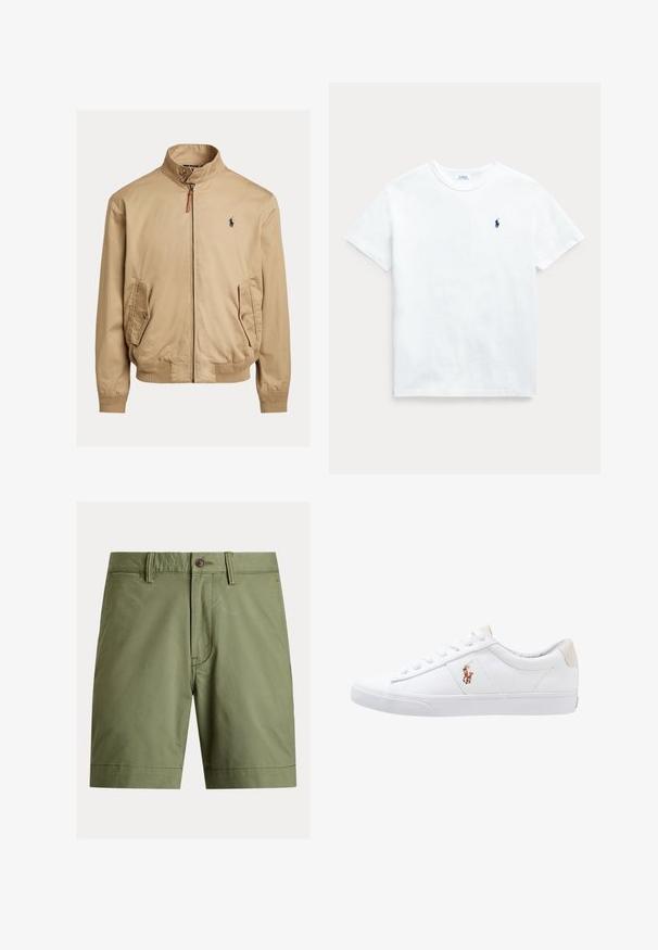 Beige bomberjack gemaakt van gladde stof. Heeft een staande kraag, twee zijzakken, geribde mouwen en een klein logo op de borst.; Witte katoenen t-shirt met korte mouwen, ronde hals en een klein marineblauw logo op de linkerborst. Glad textuur en klassieke pasvorm.; Olijfgroene shorts gemaakt van een katoenmix, met een knoopsluiting, riemlussen en een rechte pasvorm met omslagen aan de zoom.; Witte canvas sneakers met een laag ontwerp, featuring een beige hieltab en een klein geborduurd logo aan de zijkant. Rubber zool.