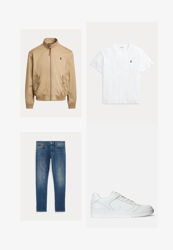 Blouson beige en tissu lisse. Caractéristiques d'un col montant, de deux poches latérales, de poignets côtelés et d'un petit logo sur la poitrine.; T-shirt blanc à manches courtes et col en V avec un petit logo cheval Polo Ralph Lauren bleu marine sur la poitrine gauche.; Jeans en denim bleu avec une coupe slim, présentant un effet délavé, cinq poches et une fermeture éclair avec un bouton supérieur. Détail de couture prominent.; Baskets en cuir blanc avec une texture lisse, présentant un bout perforé, un système de laçage et un logo brodé sur le côté. Semelle en caoutchouc blanc.