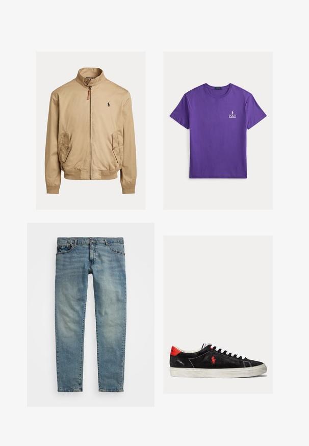 Beige bomber jacket, joka on valmistettu sileästä kankaasta. Ominaisuuksiin kuuluvat seisomakaulus, kaksi sivutaskua, ribbikuvioidut hihansuut ja pieni logo rinnassa.; Violetti puuvillainen T-paita, jossa on lyhyet hihat, pyöreä pääntie ja pieni valkoinen Polo-logo vasemmassa rinnassa. Sileä kangaspinta.; Vaaleansiniset denim-farkut suoralla leikkauksella, joissa on viisi taskua, nappi- ja vetoketjusuljenta sekä näkyvät kulumat reiden kohdalla.; Mustat nahkakengät valkoisilla nauhoilla, punaisella korostuksella kantapäässä ja pienellä punaisella logolla. Varustettu tasaisella kumipohjalla ja yksinkertaisella ompelulla.