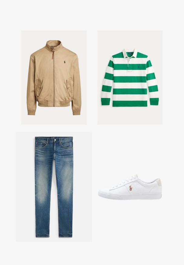 Blouson beige en tissu lisse. Caractéristiques d'un col montant, de deux poches latérales, de poignets côtelés et d'un petit logo sur la poitrine.; Polo à manches longues rayé vert et blanc avec un col à revers, présentant un petit logo brodé sur la poitrine et une patte de boutonnage.; Jean bleu délavé, coupe slim, avec fermeture à boutons et zip, poches avant et petite poche pour pièce, présenté à plat sur fond blanc.; Baskets en toile blanches avec un design basse, présentant un onglet de talon beige et un petit logo brodé sur le côté. Semelle en caoutchouc.