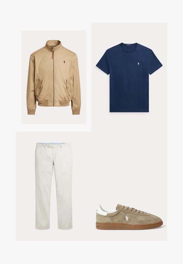 Blouson beige en tissu lisse. Caractéristiques d'un col montant, de deux poches latérales, de poignets côtelés et d'un petit logo sur la poitrine.; T-shirt en coton bleu marine avec un col rond et des manches courtes. Petit logo polo blanc sur le côté gauche de la poitrine. Coupe classique et texture lisse.; Pantalon droit couleur crème avec passants de ceinture et fermeture frontale dissimulée sur fond uni.; Baskets basses en daim beige avec semelle marron, détail blanc au talon, lacets et logo brodé d’un joueur de polo blanc sur le côté.
