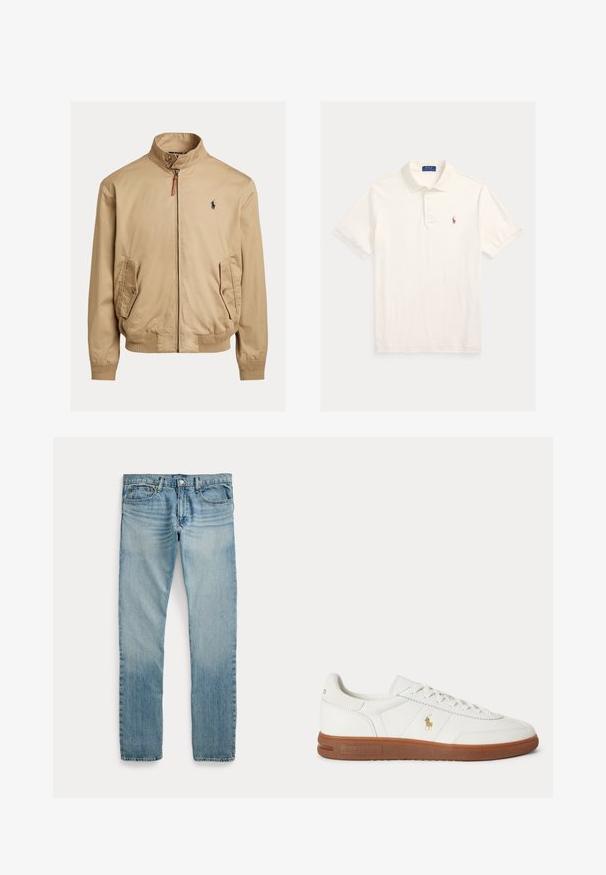 Beige bomberjakke lavet af glat stof. Har en stående krave, to sidelommer, ribstrikkedeærmer og et lille logo på brystet.; Hvid polo-shirt med korte ærmer, krave, tre-knaps lukning og lille broderet logo på venstre bryst.; Lyseblå straight-leg denimbukser med fem lommer, knaplukning og subtile falmede detaljer omkring lår og knæ.; Hvid lavt sneaker med brun sål, snørebånd foran og lille guld Polo Ralph Lauren-logo på siden.