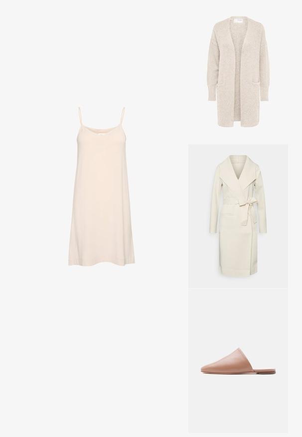 Abrigo largo para mujer en color crema, confeccionado en tela suave, con un gran cuello, cinturón de lazo desmontable y dos bolsillos delanteros. Textura lisa y diseño estilizado.; Cardigan largo beige con abertura frontal, mangas largas y dos bolsillos delanteros, tejido de punto suave y texturizado.; Vestido sin mangas de color beige claro con escote en V, hecho de una tela suave, con finas tirantes ajustables y corte recto. Textura suave en toda su superficie.; Mule sin respaldo de cuero beige con punta puntiaguda y suela plana, mostrado en perfil lateral sobre un fondo liso y claro.
