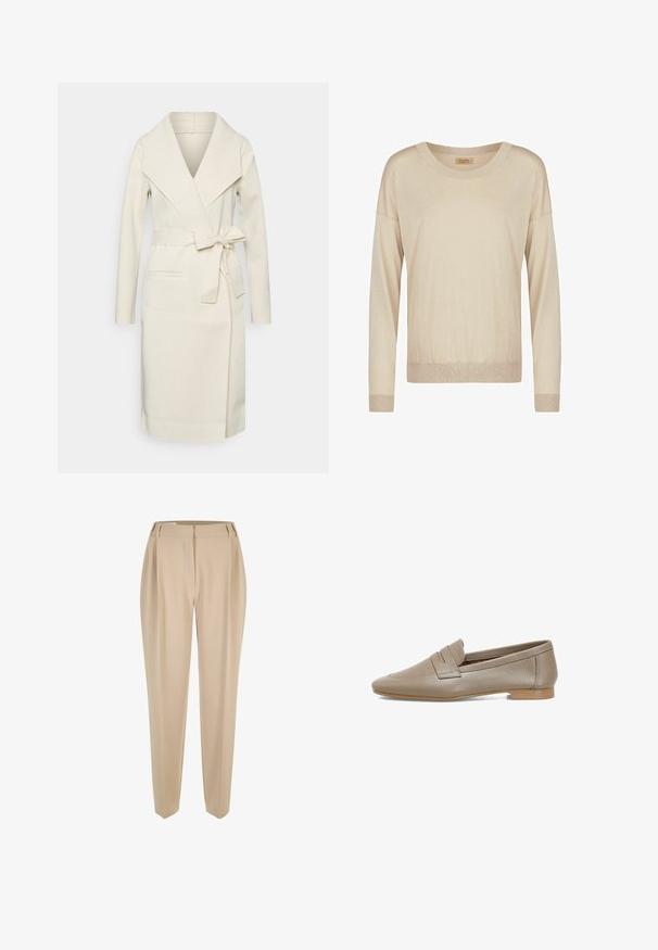 Manteau long pour femme, couleur crème, en tissu doux, avec un grand col, une ceinture amovible à nouer et deux poches frontales. Texture lisse et design épuré.; Pull oversized beige en tissu doux, avec un col rond, des manches longues et des poignets et un ourlet côtelés. Design minimaliste.; Pantalons beiges sur mesure avec passants de ceinture, jambes droites et fermeture cachée à l'avant, présentés sur fond blanc.; Mocassins en cuir beige avec une surface texturée, dotés d'un talon plat et d'un embout arrondi. Comprend un pli décoratif sur le dessus.