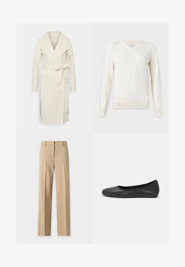Manteau long pour femme, couleur crème, en tissu doux, avec un grand col, une ceinture amovible à nouer et deux poches frontales. Texture lisse et design épuré.; Pull blanc à manches longues avec col en V, bords-côtes aux poignets et à l'ourlet, présenté sur un fond clair uni.; Pantalon beige droit avec passants pour ceinture, pli à l'avant et fermeture avant dissimulée, présenté sur un fond uni clair.; Ballerines en cuir noir avec un bout rond, texture lisse, détails de couture minimalistes et design de semelle flexible.