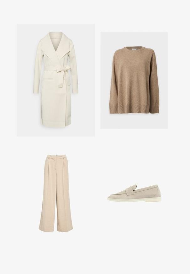 Manteau long pour femme, couleur crème, en tissu doux, avec un grand col, une ceinture amovible à nouer et deux poches frontales. Texture lisse et design épuré.; Pull en maille beige à manches longues avec poignets, bas et col rond côtelés, présenté à plat sur fond blanc.; Pantalons larges beige clair en tissu texturé, avec une taille haute, des plis avant et des poches latérales pour plus de fonctionnalité.; Mocassin en suède beige clair avec une semelle blanche basse, un bout arrondi et une lanière cousue sur le dessus.