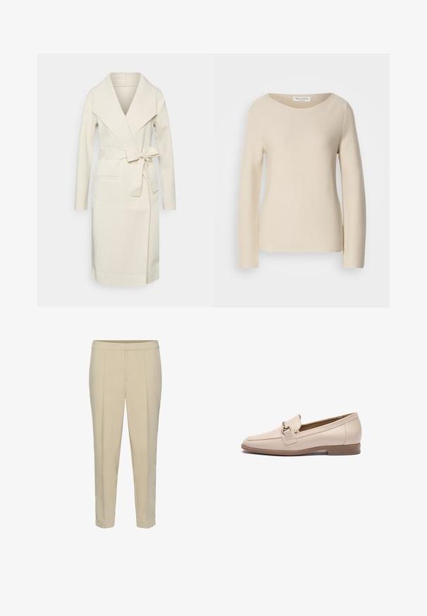 Manteau long pour femme, couleur crème, en tissu doux, avec un grand col, une ceinture amovible à nouer et deux poches frontales. Texture lisse et design épuré.; Pull en tricot beige avec des manches longues, un col arrondi et une texture lisse. Étiquette visible au niveau du cou, avec des détails en bord-côtes légers.; Pantalon beige sur mesure, coupe slim, pli devant et longueur raccourcie à la cheville sur fond blanc.; Mocassins en cuir beige avec un bout arrondi, une lanière décorative et un accent en métal doré. Semelle plate beige clair avec une semelle à crampons minimale.
