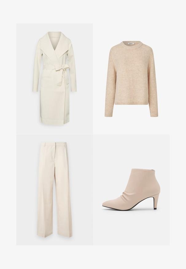 Manteau long pour femme, couleur crème, en tissu doux, avec un grand col, une ceinture amovible à nouer et deux poches frontales. Texture lisse et design épuré.; Pull à col rond en tricot beige à manches longues, fabriqué en tissu doux et pelucheux, avec des bords côtelés aux poignets et à l'ourlet.; Pantalons beige à jambes larges avec une coupe ajustée, fabriqués en tissu lisse. Présentent un devant plat et des lignes épurées, sans embellissements visibles.; Anna Field by Zalando Boots à talons - beige