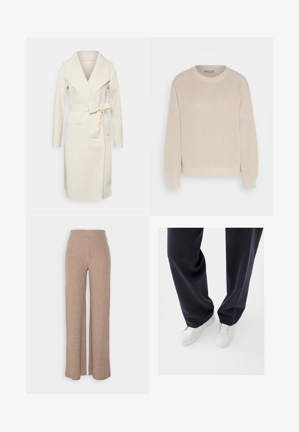 Manteau long pour femme, couleur crème, en tissu doux, avec un grand col, une ceinture amovible à nouer et deux poches frontales. Texture lisse et design épuré.; Anna Field by Zalando Pullover - grey; Pantalons larges en beige à côtes avec une taille haute et une texture douce, présentant une coupe loose et sans fermetures visibles.; Baskets blanches avec semelles en caoutchouc texturées et lacets plats, associées à un pantalon bleu marine foncé affichant un tissu fluide et ample et une coupe ajustée.