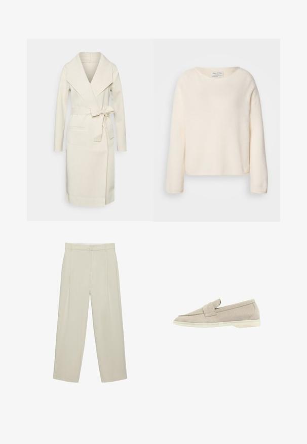 Manteau long pour femme, couleur crème, en tissu doux, avec un grand col, une ceinture amovible à nouer et deux poches frontales. Texture lisse et design épuré.; Pull de couleur crème avec un col rond, des épaules tombantes et des manches longues. Tissu doux et texturé avec une coupe légèrement raccourcie.; Pantalon beige taille haute cintré avec poches latérales, passants de ceinture et fermeture éclair devant, coupe droite.; Mocassin en suède beige clair avec une semelle blanche basse, un bout arrondi et une lanière cousue sur le dessus.