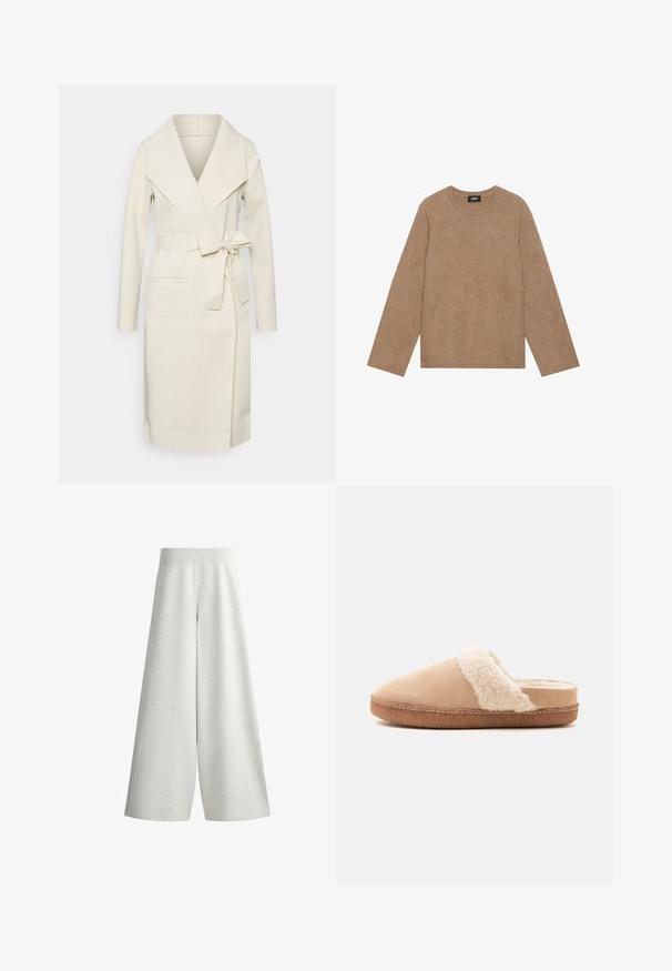 Manteau long pour femme, couleur crème, en tissu doux, avec un grand col, une ceinture amovible à nouer et deux poches frontales. Texture lisse et design épuré.; Pull en maille marron avec un col rond et des manches longues. Texture douce, coupe décontractée, avec poignets et ourlet côtelés. Étiquette de la marque à l'intérieur du col.; Pantalon large en maille gris clair avec une taille élastique côtelée et des détails sur les panneaux latéraux, présenté sur fond blanc.; Chausson beige à enfiler avec une doublure blanche douce et moelleuse et une semelle en caoutchouc marron, vu de profil sur un fond uni.