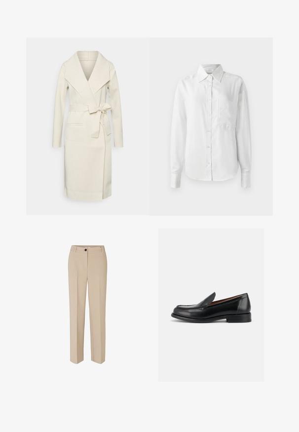 Manteau long pour femme, couleur crème, en tissu doux, avec un grand col, une ceinture amovible à nouer et deux poches frontales. Texture lisse et design épuré.; Chemise blanche à manches longues, en tissu lisse, dotée d'un col pointu, d'une poche avant et de poignets boutonnés pour un look ajusté.; Modström GALE - Pantalon classique - powder sand; Mocassin en cuir noir à enfiler avec petit talon, bout arrondi et couture de style mocassin sur le dessus, vu de l'extérieur.