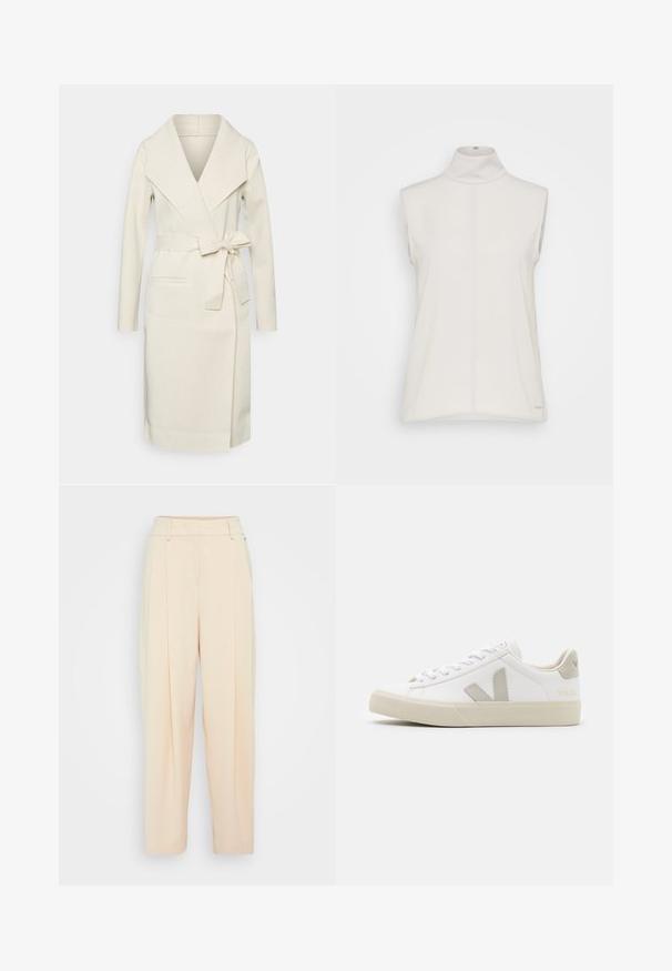 Manteau long pour femme, couleur crème, en tissu doux, avec un grand col, une ceinture amovible à nouer et deux poches frontales. Texture lisse et design épuré.; Haut sans manches en tissu lisse, de couleur blanche, avec une couture centrale et une étiquette logo subtile en bas. Design minimaliste.; Pantalons larges beige clair à taille haute, dotés de deux poches avant et de faux plis pour plus de détails. Tissu lisse et doux.; Baskets blanches en cuir avec des accents gris en forme de V, semelle en caoutchouc texturé, lacets blancs, et languette et col rembourrés.