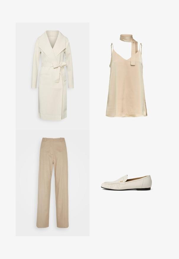 Manteau long pour femme, couleur crème, en tissu doux, avec un grand col, une ceinture amovible à nouer et deux poches frontales. Texture lisse et design épuré.; Robe beige sans manches avec fines bretelles réglables et un foulard assorti noué lâchement autour du cou.; Calvin Klein TAILORED STRAIGHT PANT - Pantalon classique - cinder; Mocassin en cuir blanc avec une semelle plate noire, un détail plissé à l'avant et un petit logo doré sur le côté de la tige.