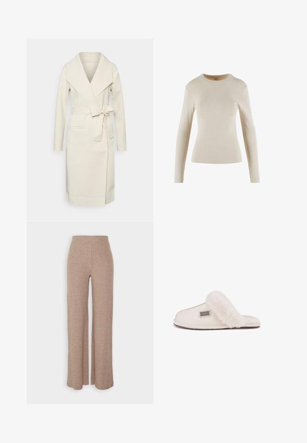 Manteau long pour femme, couleur crème, en tissu doux, avec un grand col, une ceinture amovible à nouer et deux poches frontales. Texture lisse et design épuré.; Haut beige à manches longues en côte avec un col rond ; présente un design ajusté et un petit logo en détail sur le poignet.; Pantalons larges en beige à côtes avec une taille haute et une texture douce, présentant une coupe loose et sans fermetures visibles.; Pantoufle slip-on beige clair avec un revers en fourrure crémeux et duveteux, tige en daim doux, semelle extérieure texturée et un label métallique de marque sur le côté.