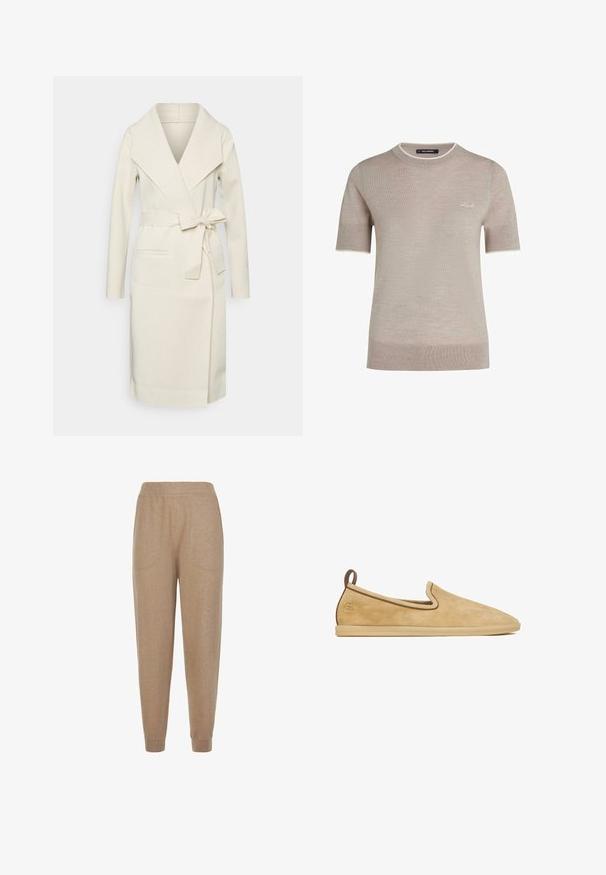 Manteau long pour femme, couleur crème, en tissu doux, avec un grand col, une ceinture amovible à nouer et deux poches frontales. Texture lisse et design épuré.; Pull en maille beige à manches courtes avec col rond et bordure blanche subtile, avec une petite broderie blanche "Karl" sur la poitrine.; Pantalon en maille beige avec taille élastique, poches latérales et bords côtes aux chevilles.; Chaussure beige en daim à enfiler avec bout arrondi, bordure marron, languette au talon et semelle en caoutchouc plate.