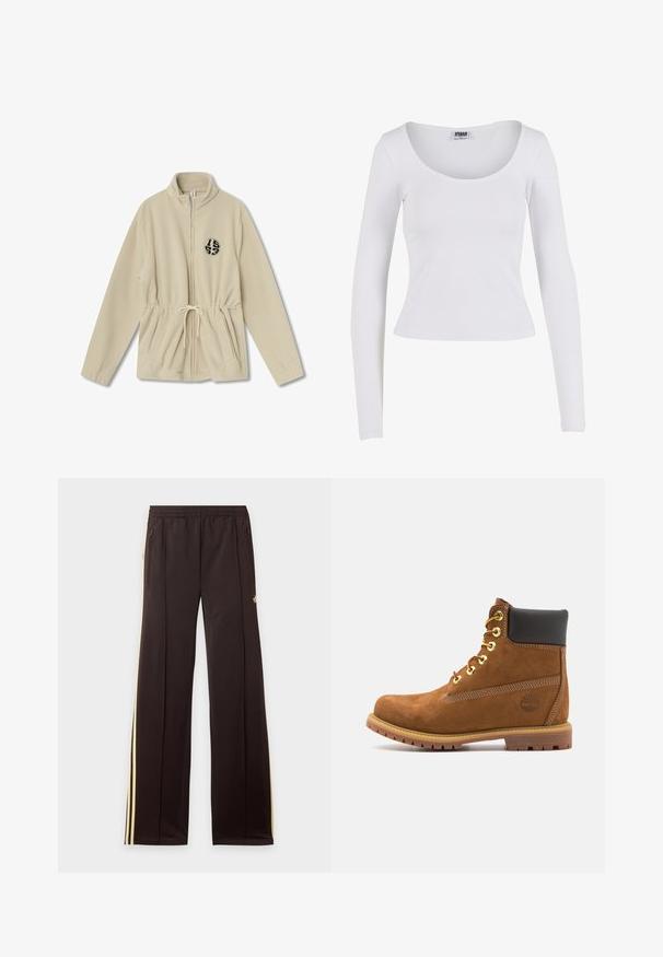 Beige Fleece-Zip-Jacke mit hohem Kragen, verstellbarem Kordelzug in der Taille, zwei Fronttaschen und einem runden schwarzen Logo auf der linken Seite.; Langarm-weißes Oberteil mit Rundhalsausschnitt, aus dehnbarem Stoff gefertigt, mit taillierter Passform und nahtloser Konstruktion ohne sichtbare Akzente.; Schwarze Jogginghose mit gelben Seitenstreifen, elastischem Bund, seitlichen Reißverschlusstaschen und kleinem Logo am oberen Oberschenkel.; Braune Wildleder-Stiefelette mit schwarzem gepolstertem Kragen, goldenen Ösen, Schnürung an der Vorderseite und Gummisohle mit strukturiertem Muster.