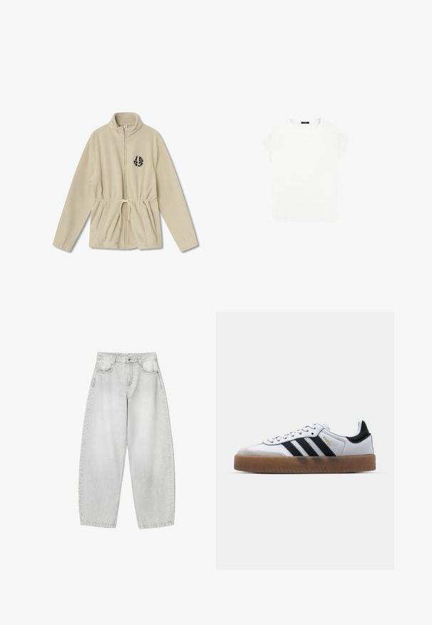 Beige fleece zip-up jacket met een hoge kraag, verstelbare drawstring taille, twee voorzakken en een zwart rond logo aan de linkerkant.; Witte katoenen T-shirt met een ronde halslijn en korte mouwen. Eenvoudig ontwerp, geen patronen of accenten. Zachte, gladde textuur.; Lichtgrijze, wijde jeans van denim, met voorzakken, een knoopsluiting in de taille en een lichte vervaging.; Witte leren sneakers met zwarte strepen, gumrubberen buitenzool, ronde neus, vetersluiting en een zachte grijze suède neuskap.