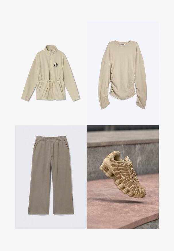 Beige Fleece-Zip-Jacke mit hohem Kragen, verstellbarem Kordelzug in der Taille, zwei Fronttaschen und einem runden schwarzen Logo auf der linken Seite.; Beiges Langarm-Rundhalsshirt mit übergroßen Ärmeln und gerafften Seiten, flach auf weißem Hintergrund ausgelegt.; Taupe weite Hosen mit elastischem Bund und Seitentaschen, flach liegend auf hellem Hintergrund.; Beiger Sportschuh mit mesh-Obermaterial und strukturierter Unterstützung, ausgestattet mit einer gepolsterten Sohle mit sichtbaren Lufteinheiten und texturierten Details.
