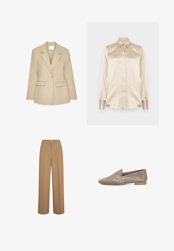 Beige blazer met een gestructureerde afwerking,genoteerde revers, sluiting met één gouden knoop en twee voorzakken. Getailleerde pasvorm en gestructureerd ontwerp.; Beige satijnen shirt met een puntige kraag, lange mouwen, knoopsluiting en manchet in een iets glanzender afwerking. Geen patronen of accenten.; Wijde broek in een tan stof, met een platte voorkant zonder zichtbare zakken, op maat gemaakte uitstraling en een gladde textuur.; Beige leren instappers met een gestructureerd oppervlak, voorzien van een platte hak en een ronde neus. Inclusief een decoratieve plooi op de bovenkant.