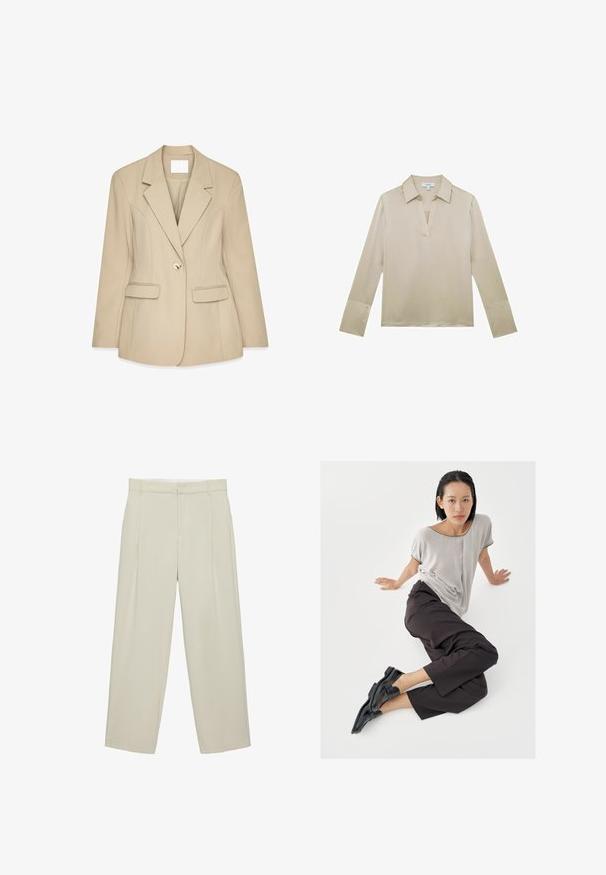 Beige blazer met een gestructureerde afwerking,genoteerde revers, sluiting met één gouden knoop en twee voorzakken. Getailleerde pasvorm en gestructureerd ontwerp.; Beige blouse met lange mouwen, V-halskraag en knoopmanchetten, weergegeven op een witte achtergrond.; Beige hoog getailleerde, op maat gemaakte broek met zijzakken, riemlussen en een voorritssluiting, met rechte pijpen.; Lichtgrijze top met korte mouwen, donkere wijde broekspijpen en zwarte loafers. Soepele stof, ontspannen pasvorm en contrasterende bies op het shirt.
