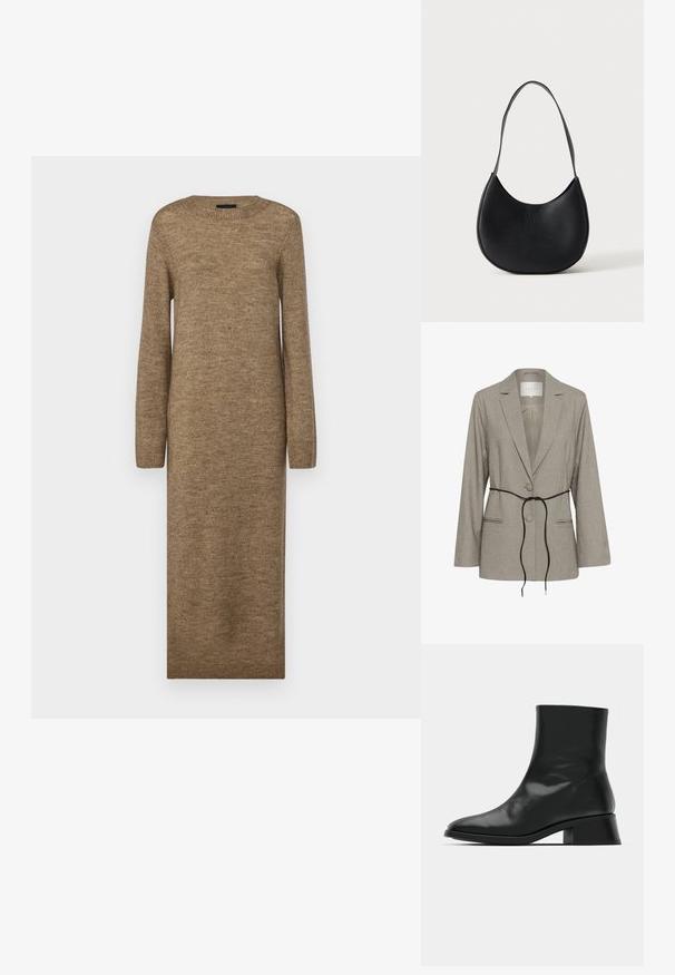 Blazer taillé gris clair avec deux boutons, revers crantés, poches passepoilées et une fine ceinture noire nouée à la taille.; Robe longue et ajustée de couleur marron, en doux tissu tricoté, présentant un col rond et des manches longues, avec des détails côtelés aux poignets et à l'ourlet.; Bottine noire en cuir brillant, au design épuré, avec un bout pointu et un petit talon bloc pour plus de stabilité.; Sac à épaule en cuir noir en forme de croissant avec une bandoulière unique et un nom de marque discrètement embossé sur un fond clair uni.