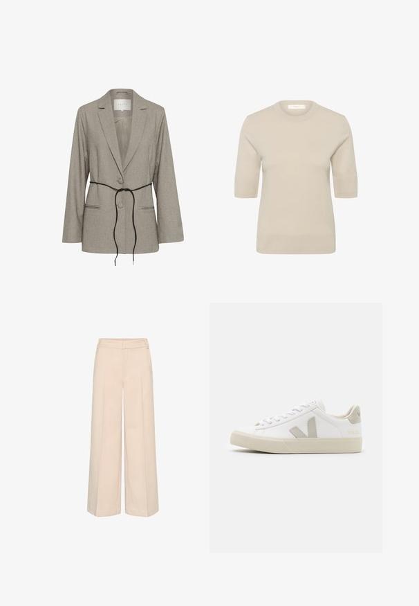 Blazer taillé gris clair avec deux boutons, revers crantés, poches passepoilées et une fine ceinture noire nouée à la taille.; Pull beige à manches courtes en maille avec col montant, poignets et ourlet côtelés, présenté sur un fond blanc.; Pantalon large beige avec une coupe ajustée, des plis avant et une taille plate pour un ajustement structuré. Texture de tissu douce et légère.; Baskets blanches en cuir avec des accents gris en forme de V, semelle en caoutchouc texturé, lacets blancs, et languette et col rembourrés.