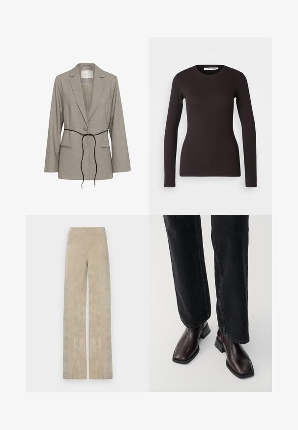Blazer taillé gris clair avec deux boutons, revers crantés, poches passepoilées et une fine ceinture noire nouée à la taille.; Haut noir à manches longues en tissu doux et extensible. Il présente un col rond et une coupe ajustée avec une texture lisse et sans motifs visibles.; Pantalons à taille haute et jambe large en velours côtelé beige clair, avec des côtes verticales et une texture douce. Taille plate pour un confort optimal.; Bottines en cuir marron avec un orteil carré et un talon carré, associées à un jeans noir à jambes larges. Texture lisse et design minimaliste.