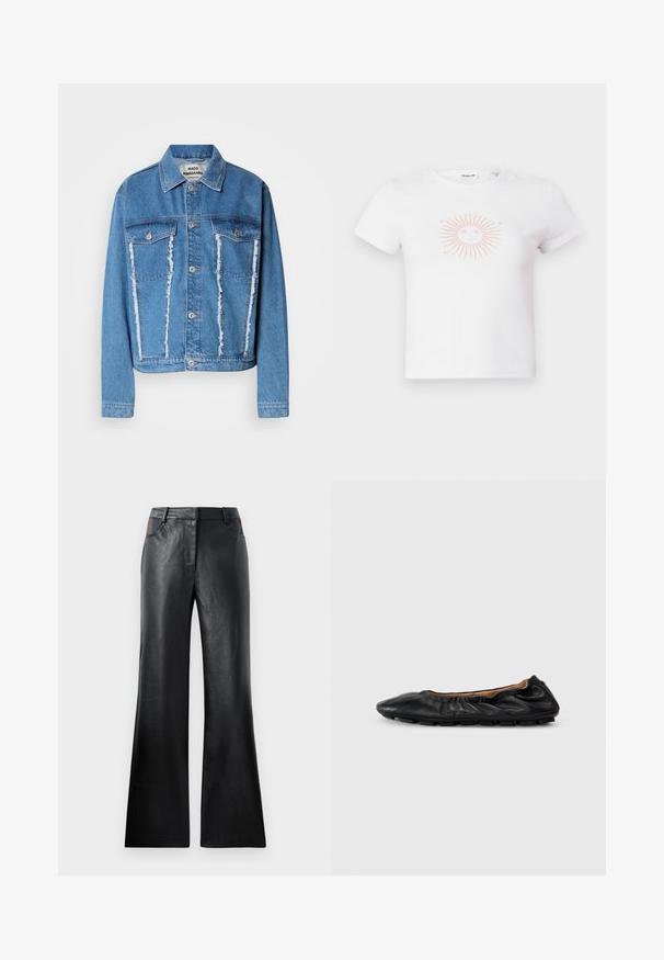 Leren spijkerjack in lichtblauw, met een klassieke kraag, een versleten voorkant, twee borstzakken en zilverkleurige knopen. Lange mouwen.; Witte katoenen t-shirt met korte mouwen, voorzien van een roze zonafbeelding met stralen en een gezicht ontwerp in het midden. Soepele textuur, casual pasvorm.; Zwarte leren uitlopende broek met een gladde textuur, voorzien van twee voorzakken met zwarte en bruine accenten bij de taille.; Zwarte leren balletschoenen met geplooid detail bij de kraag, ronde neus en flexibele rubberen zool. Gladde textuur overal.